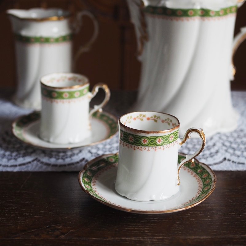 19 世纪法国古董 LIMOGES 杯碟套装 - 茶具/茶杯 - 陶 绿色