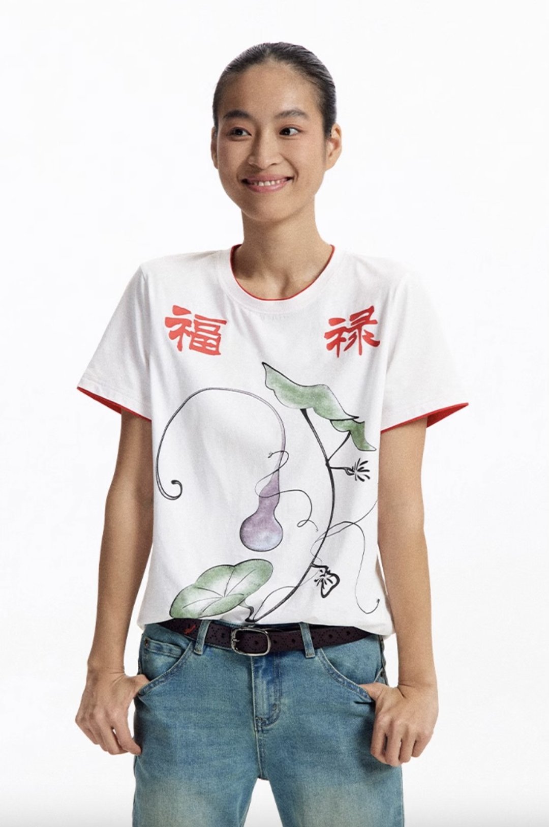 福禄葫芦 古着感正肩短袖T恤 - 女装 T 恤 - 其他材质 白色