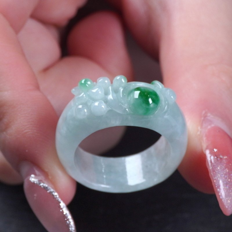 飘阳绿翡翠花开富贵玉戒 | 国际14围 | 天然缅甸玉翡翠A货 | 送礼 - 戒指 - 玉石 绿色