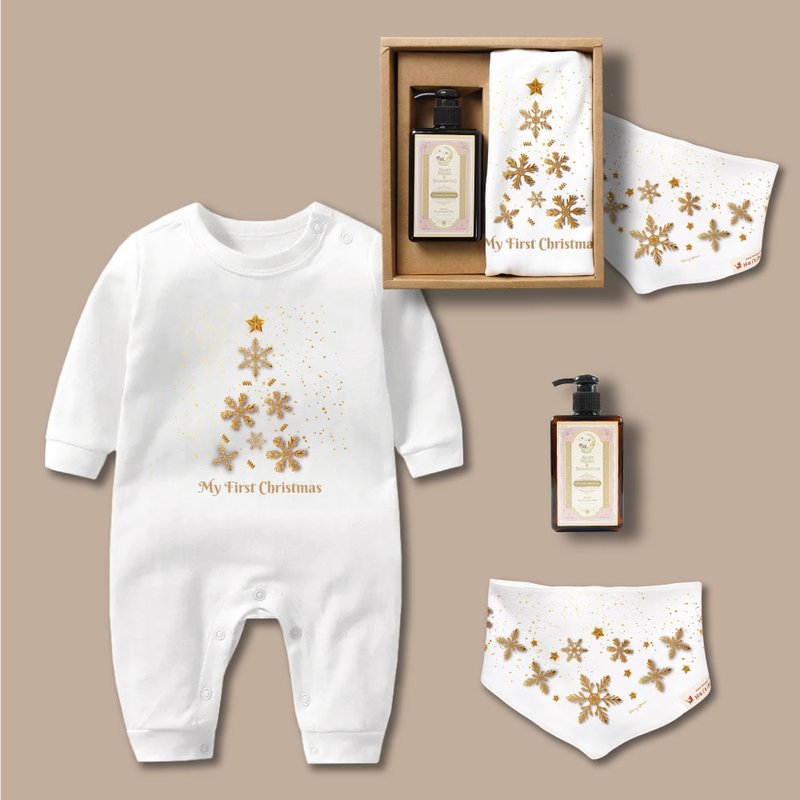 金色雪花圣诞树 长袖连身衣+三角巾+沐浴露礼盒3件组  宝宝 定制 - 包屁衣/连体衣 - 棉．麻 白色