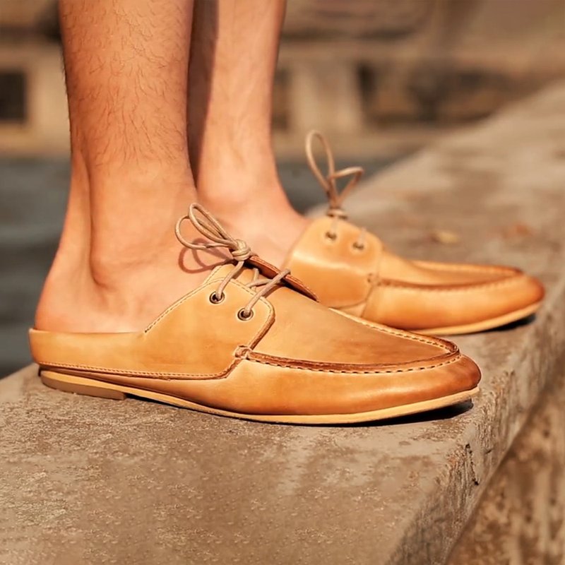 真皮男鞋 休閒鞋 牛皮拖鞋 膠底懶人鞋 英倫風 羅馬鞋 包頭半拖 - 男款休闲鞋 - 真皮 