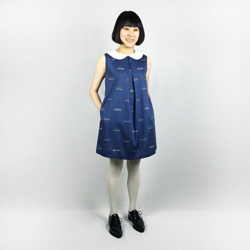 东京电车 ● 无袖伞状洋装 - 洋装/连衣裙 - 棉．麻 蓝色