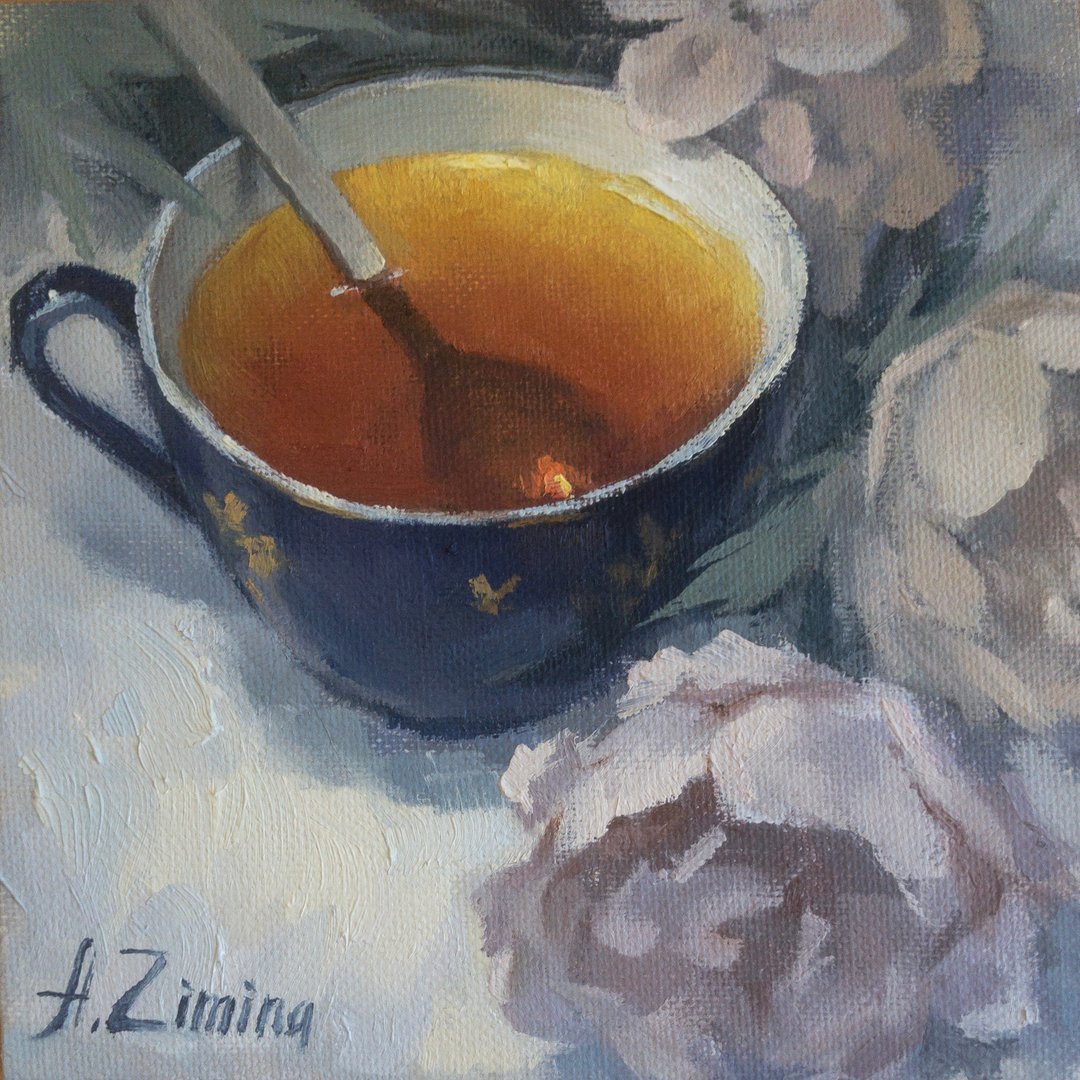 Tea painting original Still life oil painting pink peonies small painting - 海报/装饰画/版画 - 其他材质 粉红色