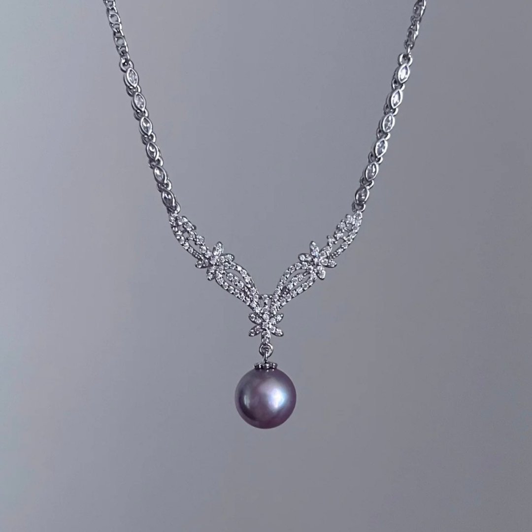 YuanPearl天然極光高級正圓12mm紫色愛迪生珍珠項鍊純銀項鍊 - 项链 - 珍珠 白色