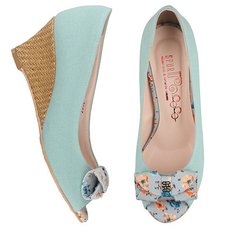 【韓國風格】SPUR 可爱花朵图案露趾船跟鞋 FS7113 MINT(不设退换) - 男女凉鞋 - 其他材质 