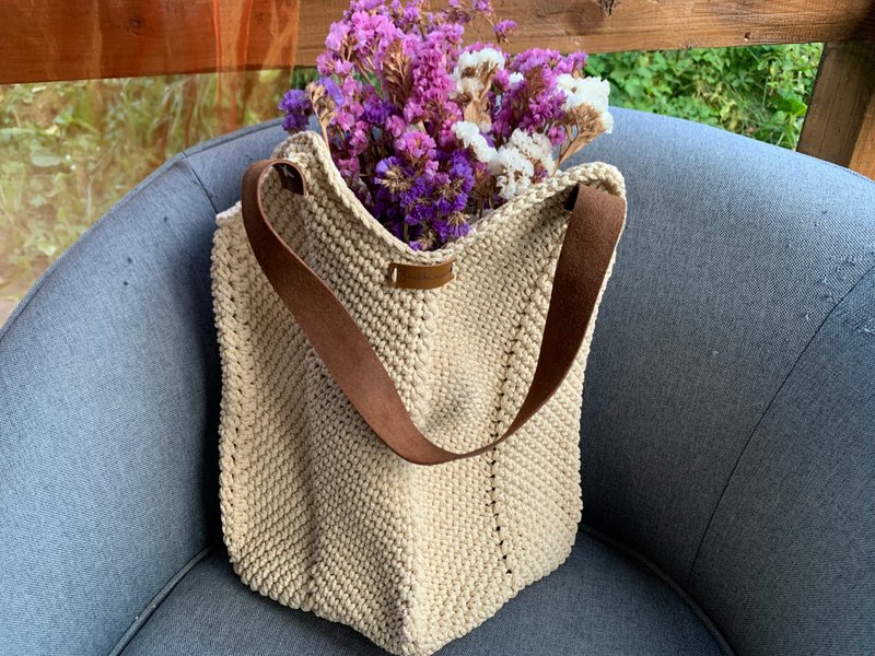 皮革提手钩针编织购物袋 - 手提包/手提袋 - 聚酯纤维 