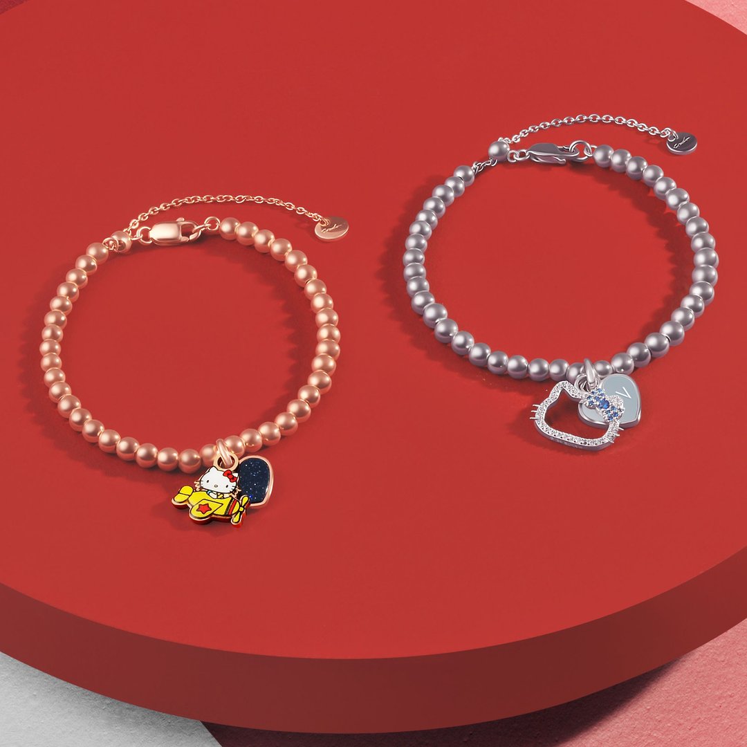 Hello Kitty 特别版 定制化刻字 925 纯银珠饰手链 (2 色) - 手链/手环 - 纯银 银色