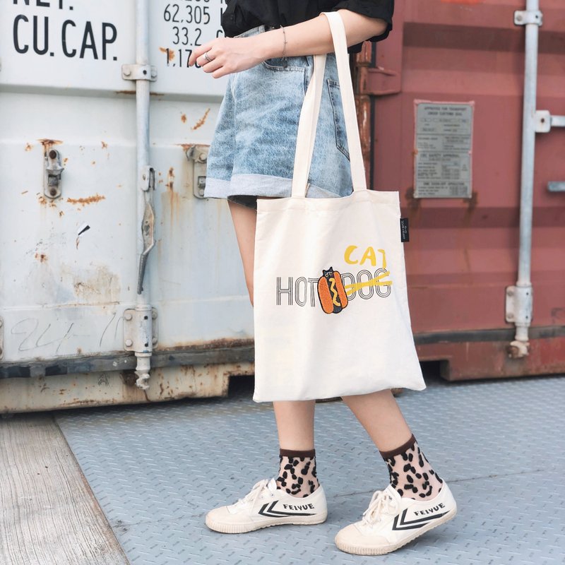 HOT CAT  毛毛绣片 绢印帆布购物袋 - 侧背包/斜挎包 - 棉．麻 白色