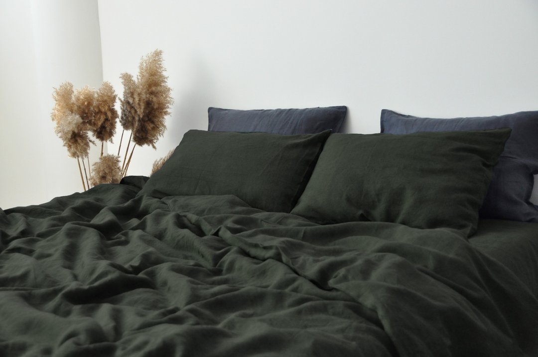 Charcoal green linen flat sheet/Linen bedsheet/Softened stonewashed linen sheet - 寝具 - 亚麻 绿色