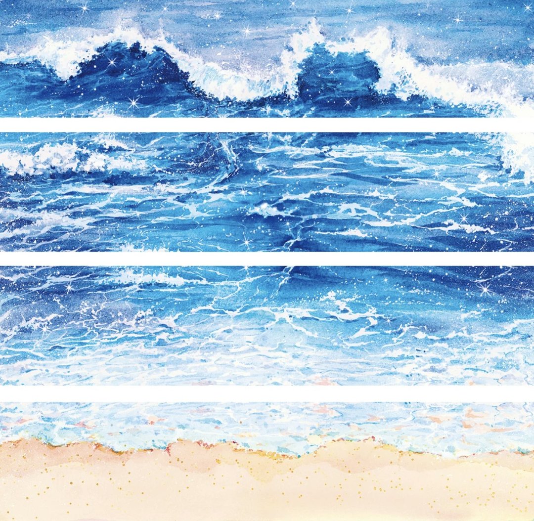 波浪浪 青に息づく波 水彩畫造景 和紙膠帶 - 纸胶带 - 其他材质 多色