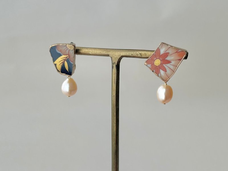 有田烧 金继 医疗级不锈钢耳环 粉色 花纹 淡水珍珠 摇曳 天然石 传统工艺 No.239 - 耳环/耳夹 - 陶 粉红色