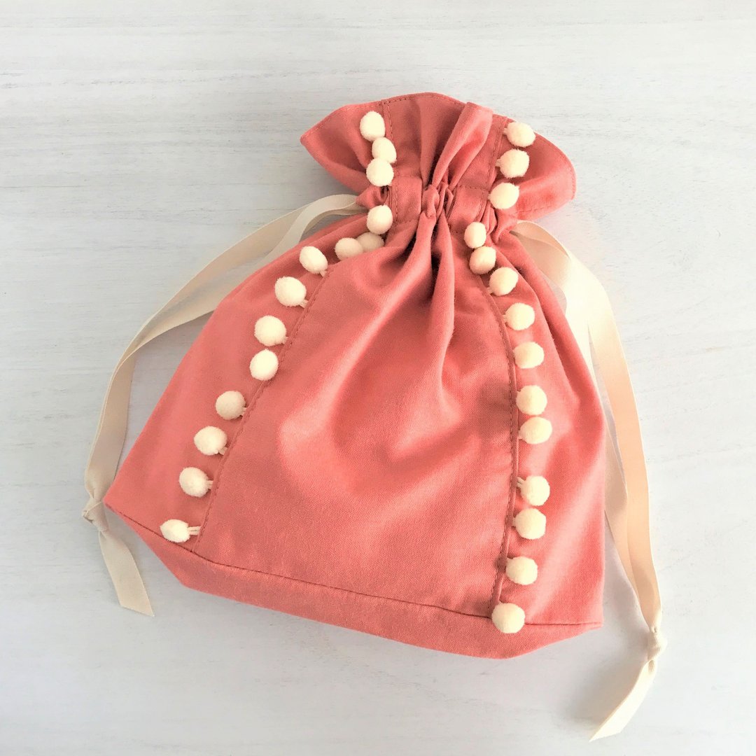 Straight Line Double Ponpon Drawstring Pouch Apricot Orange - 化妆包/杂物包 - 棉 橘色