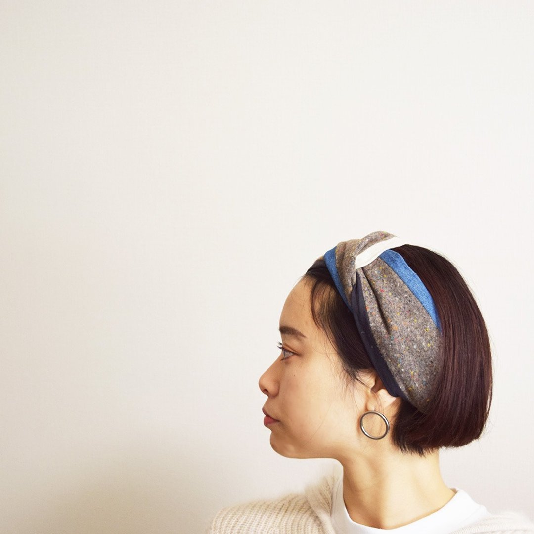 Nep Tweed Switching Flat Turban Hair Band Hair Accessories Cotton Linen Denim - 发饰 - 羊毛 咖啡色