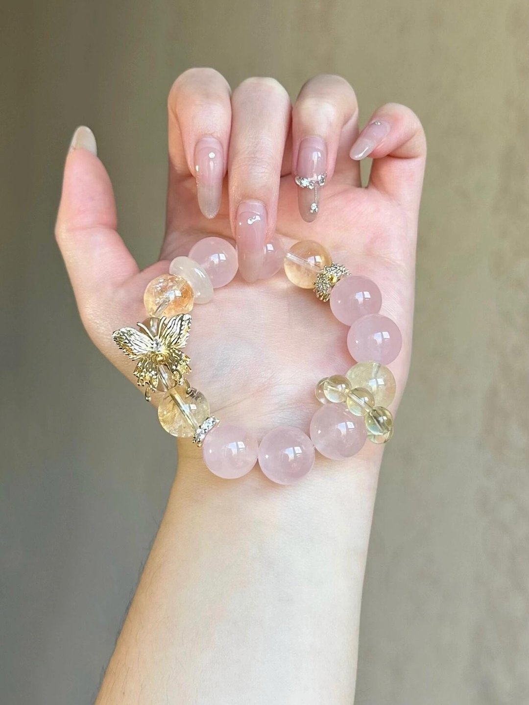 12mm天然原矿西柚粉水晶 阿塞黄水晶设计单圈手串手持s - 手链/手环 - 半宝石 粉红色