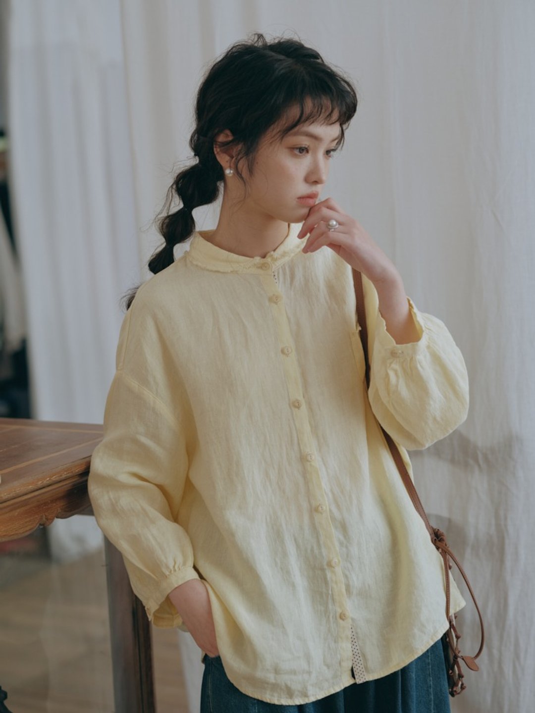娃娃领 亚麻松弛感衬衫上衣长袖日系文艺穿搭 春夏 - 女装上衣 - 棉 多色