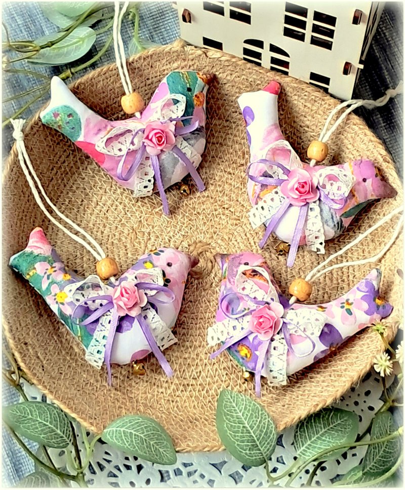 织品复活节鸟，4 件套，手工制作的复活节装饰，装饰复活节树 - 摆饰 - 棉．麻 粉红色