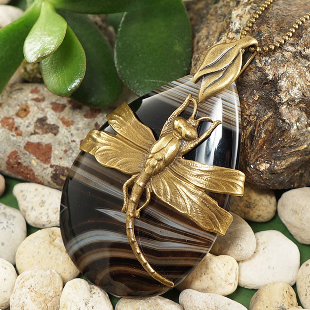 Black Agate Necklace Brass Dragonfly Teardrop Pendant Necklace Insect Jewelry - 项链 - 半宝石 黑色