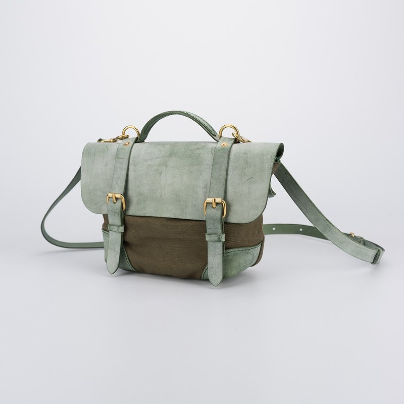 【帆布遇上皮革】夏季轻便式小号帆布邮差包手提包肩背包雾蜡拼色 - 侧背包/斜挎包 - 棉．麻 多色