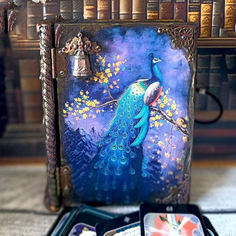 孔雀盒-书本、扑克牌盒、孔雀塔罗牌盒、孔雀羽毛、首饰盒 - 收纳用品 - 木头 蓝色