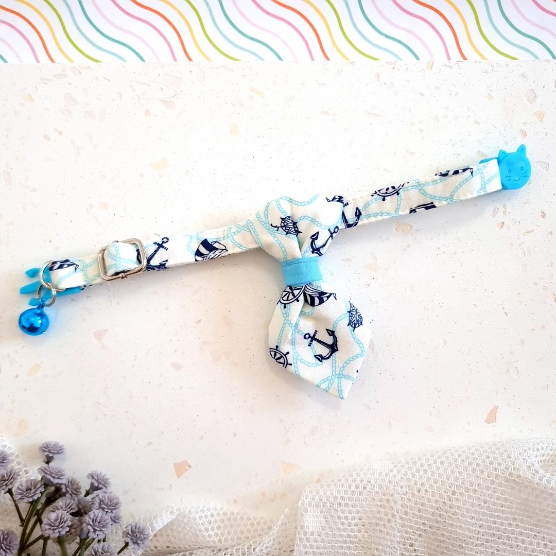 Sailors fabric Cat Necktie Collar with Breakaway Safety Buckle - 项圈/牵绳 - 棉 蓝色