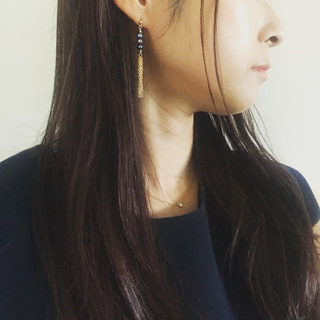 Earrings-Freshwater Pearl and 14KGF Chic Black Fringe Earrings-Balancer Pr01 - 耳环/耳夹 - 其他金属 黑色