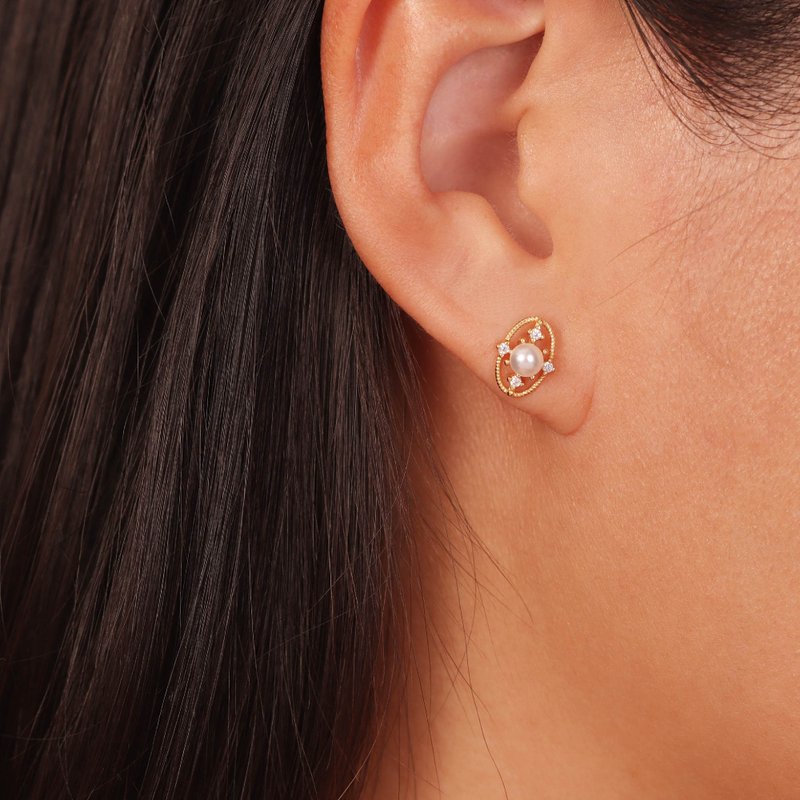 s925銀耳釘 橢圓復古簡約珍珠耳飾 精緻小巧耳釘 法式浪漫 - 耳环/耳夹 - 银 金色