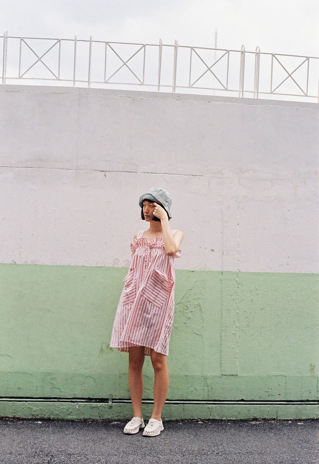  Jumper Dress (Peach Stripe) - 洋装/连衣裙 - 棉 橘色