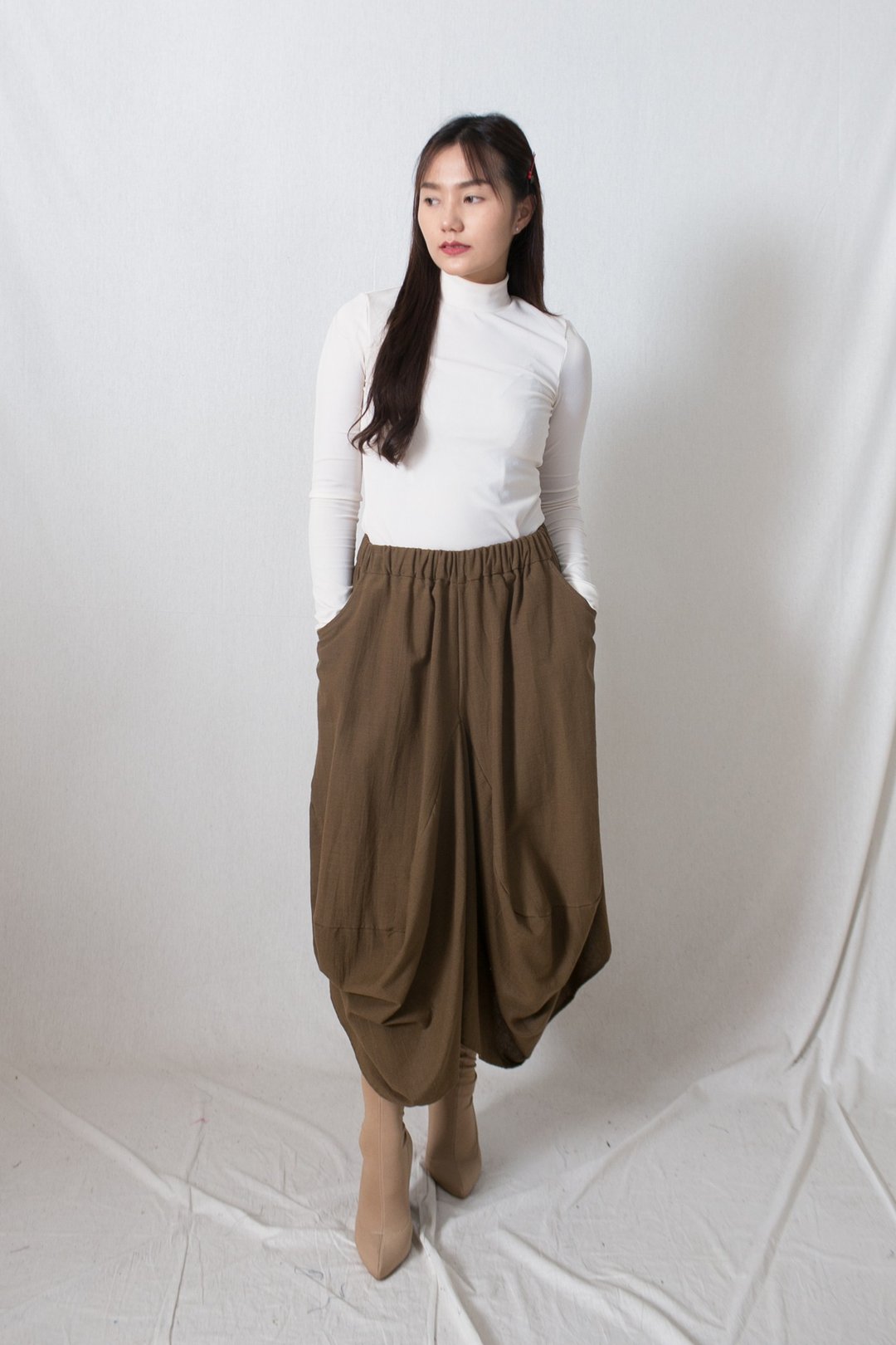 W Balloon Skirt - 裙子 - 棉．麻 咖啡色