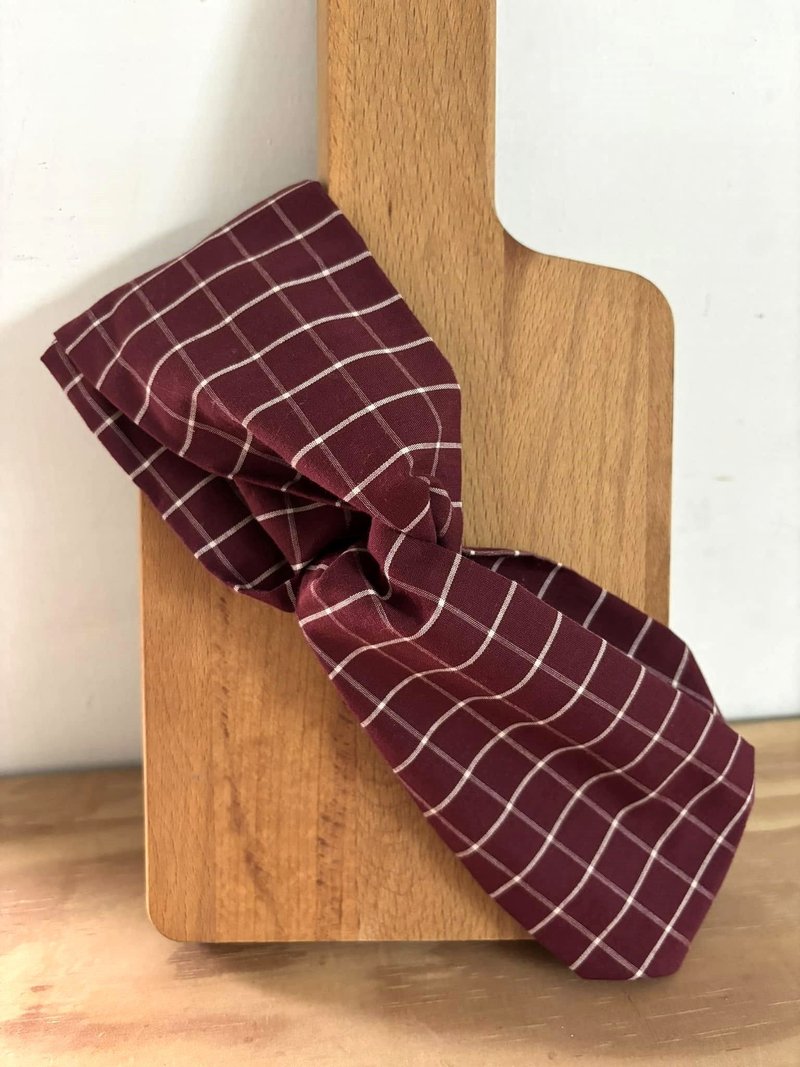 交叉发带宽版-酒红格 - 发带/发箍 - 棉．麻 多色