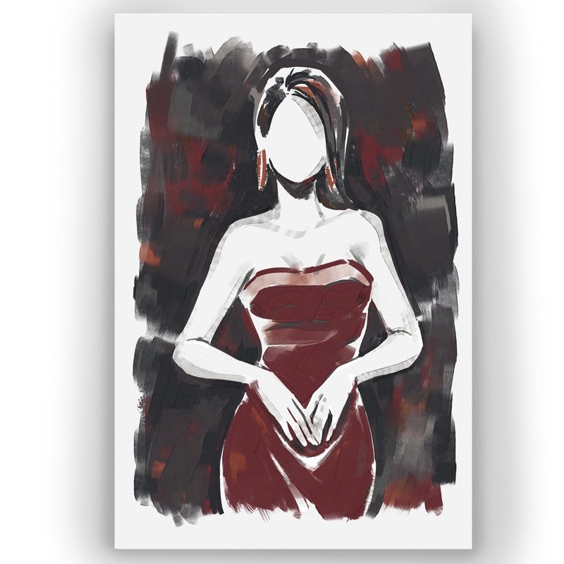 时尚女性插画水彩画 砖红灰色调 现代优雅装饰画 适用于卧室客厅 - 墙贴/壁贴 - 纸 灰色