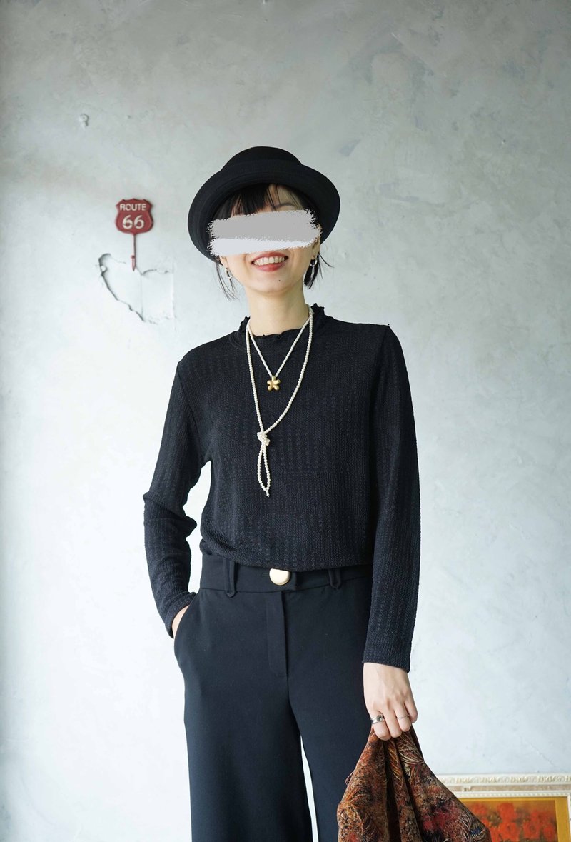 寻宝古着-黑色千鸟格织纹半高领卷边上衣 - 女装上衣 - 聚酯纤维 黑色