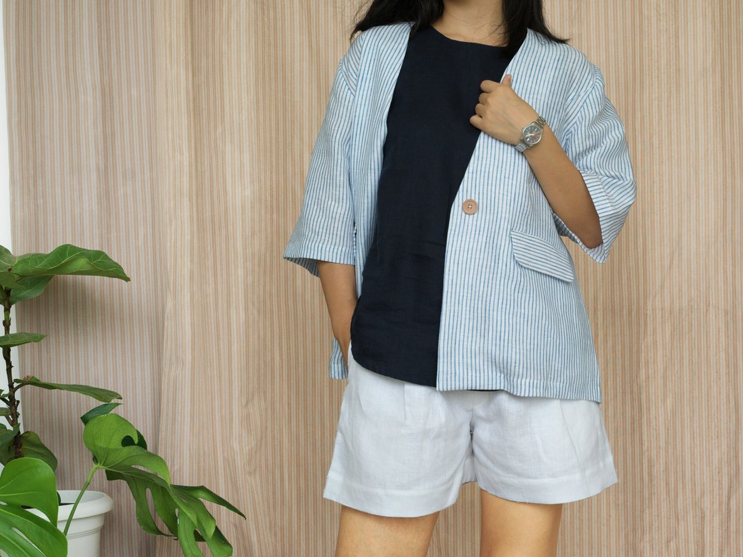 strip pattern linen blazer / collarless / linen jacket suit / blue white - 女装西装外套/风衣 - 亚麻 白色