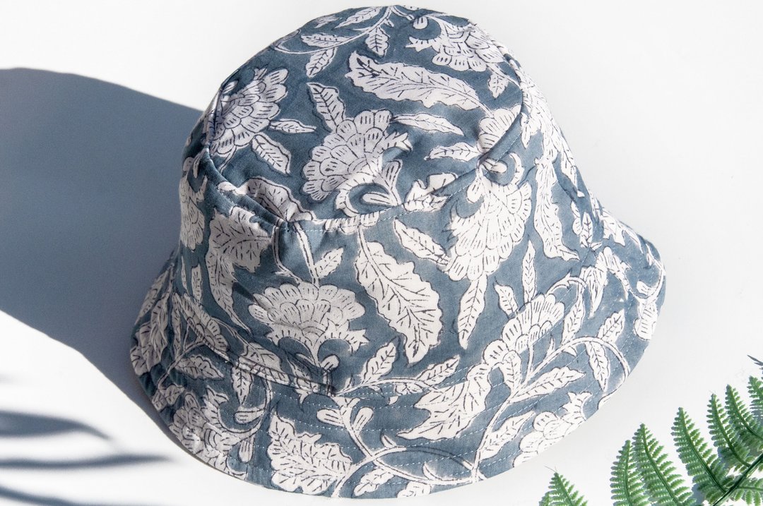 渔夫帽 双面木刻印帽 棉帽 编织帽 遮阳帽 登山帽 南瓜帽 - 花朵风 - 帽子 - 棉 蓝色