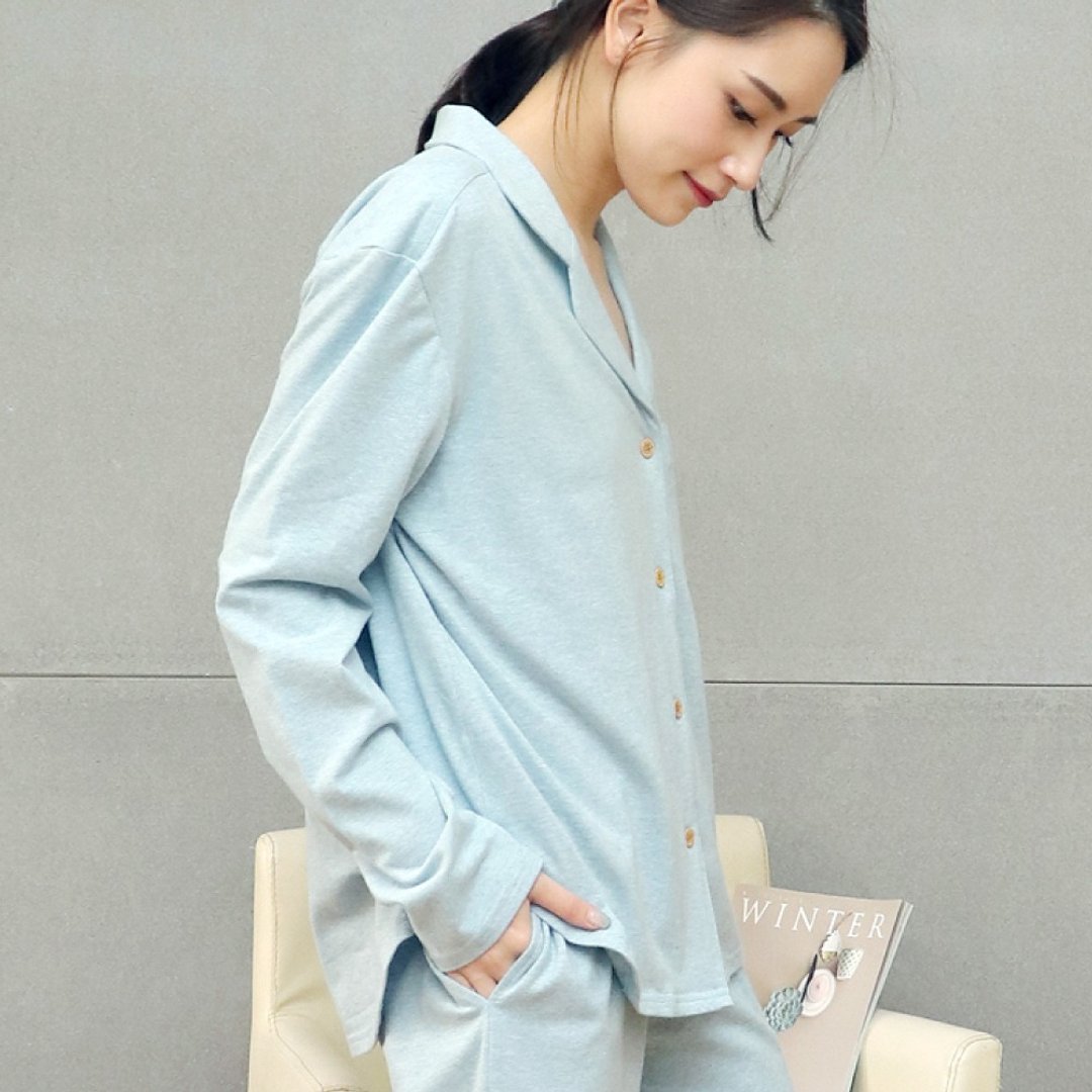 GOTSMIT有机棉刺绣开襟衬衫居家服-麻花蓝 - 居家服/睡衣 - 棉 蓝色