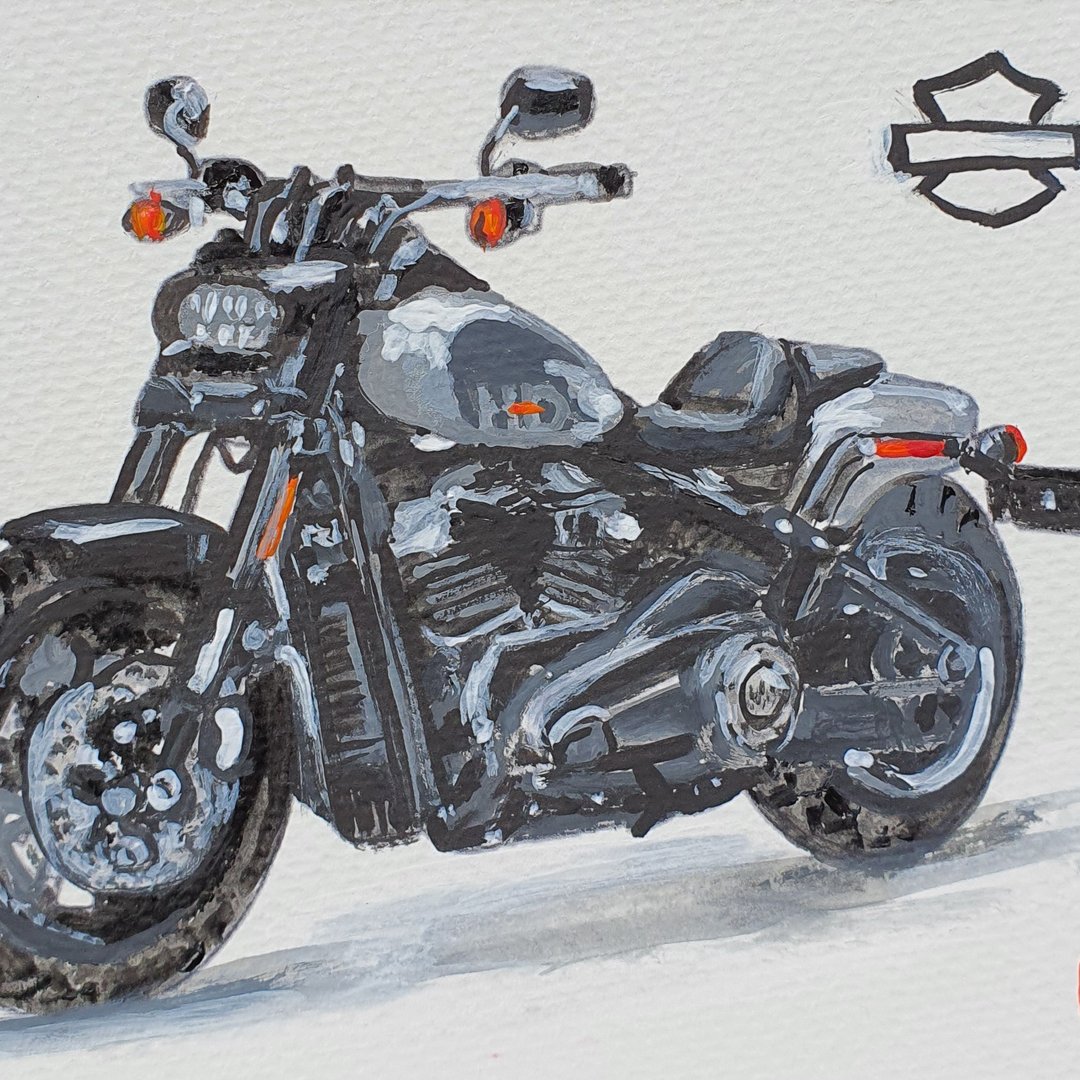 Fat Bob 114 雷戴维森 2023 年绘画原创艺术运动摩托车明信片 - 海报/装饰画/版画 - 其他材质 灰色