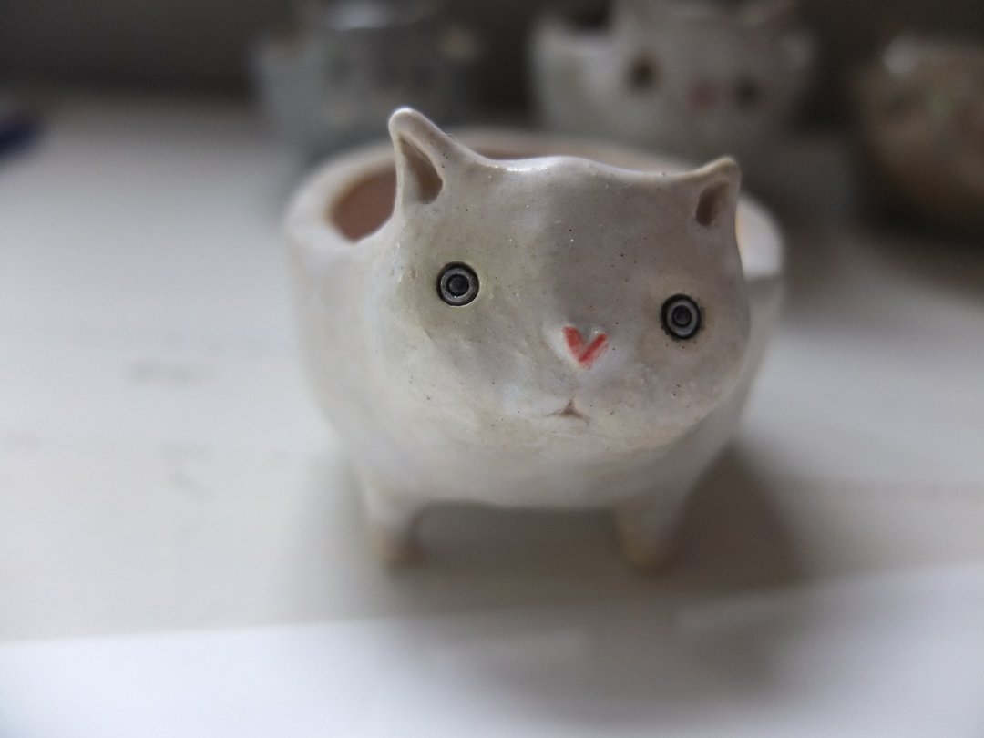 【陶】猫咪陶盆-白粉猫 - 花瓶/陶器 - 陶 粉红色