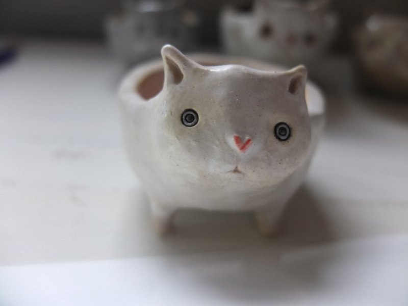 【陶】猫咪陶盆-白粉猫 - 花瓶/陶器 - 陶 粉红色