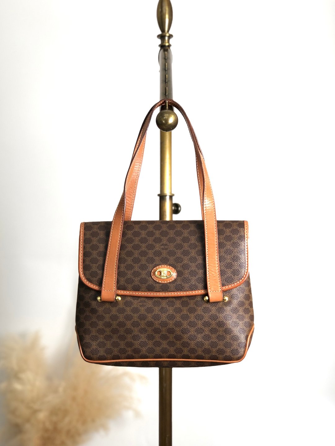 【VintageShop solo 日本直送中古包专卖店】CELINE 赛琳 经典老花手提包 咖啡色 PVC 皮革 vintage 古着 old 5fmrk2 - 手提包/手提袋 - 防水材质 咖啡色