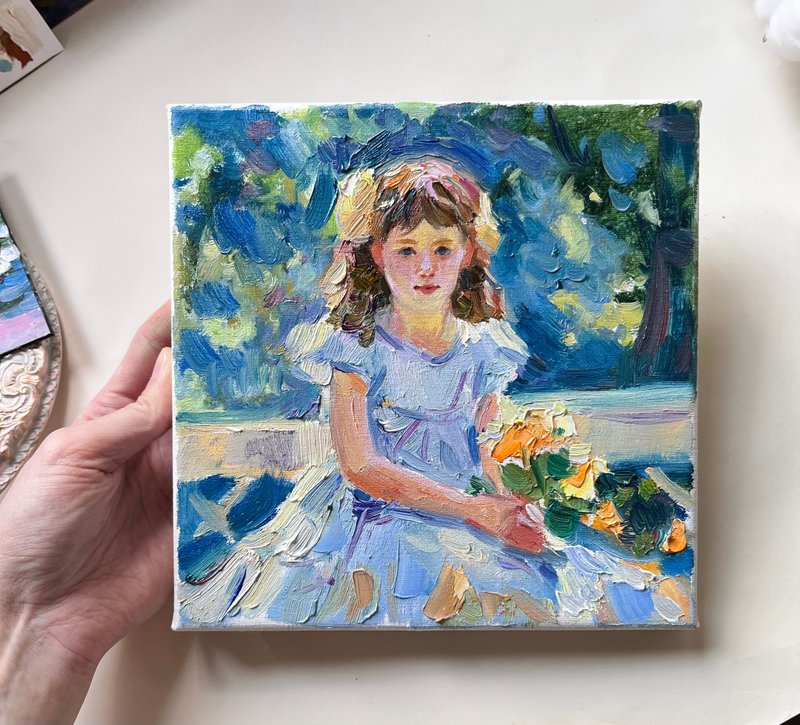 这个女孩正在用油画画一幅艺术家的原画 - 海报/装饰画/版画 - 其他材质 蓝色