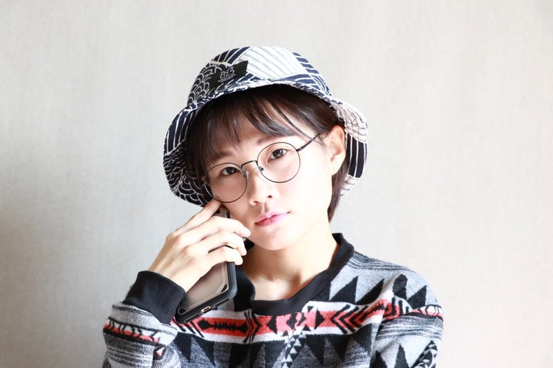 复古几何渔夫帽 - 帽子 - 棉．麻 蓝色