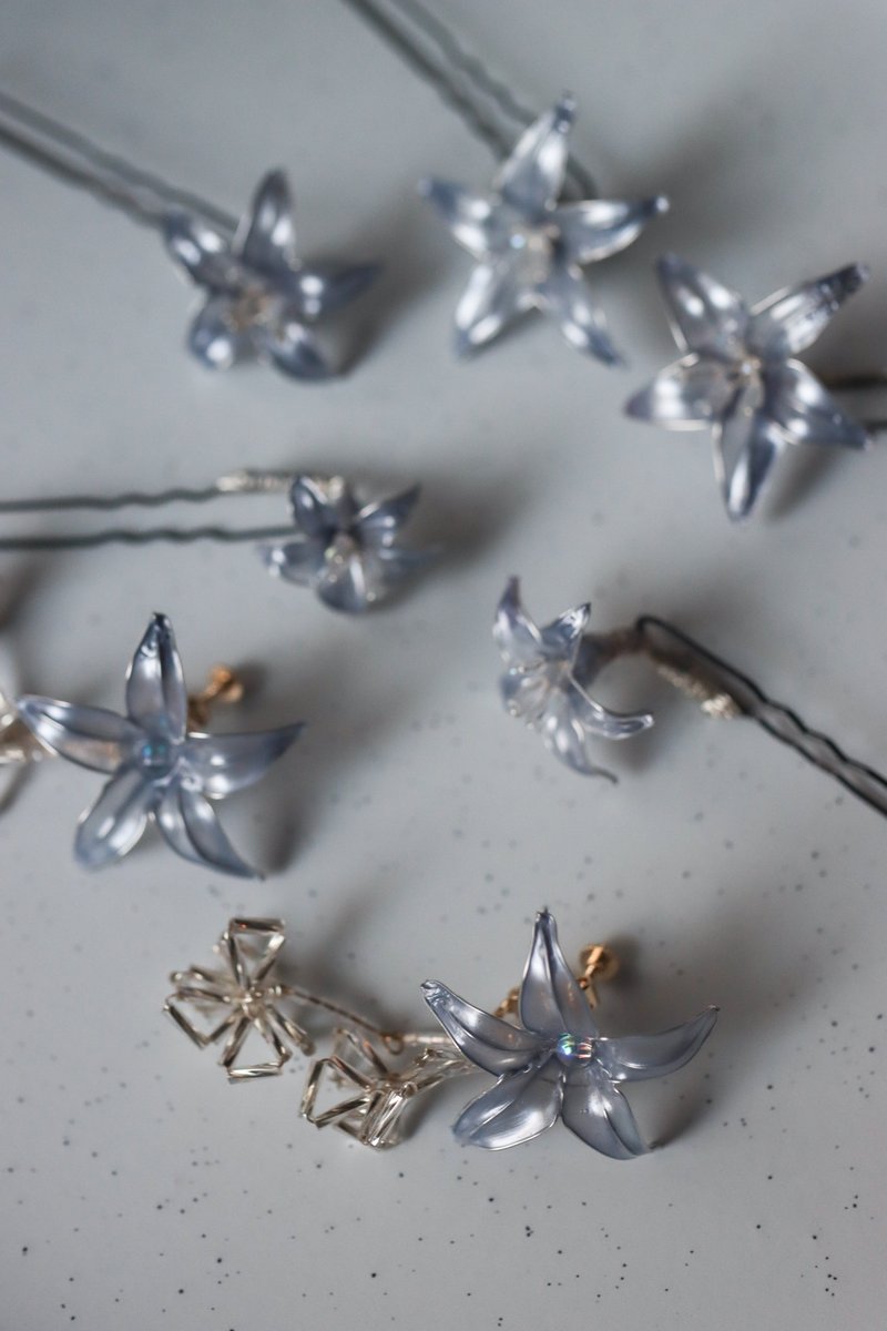 蓝霜星影 金属光泽 新娘饰品发叉 树脂耳环 - 发饰 - 树脂 银色