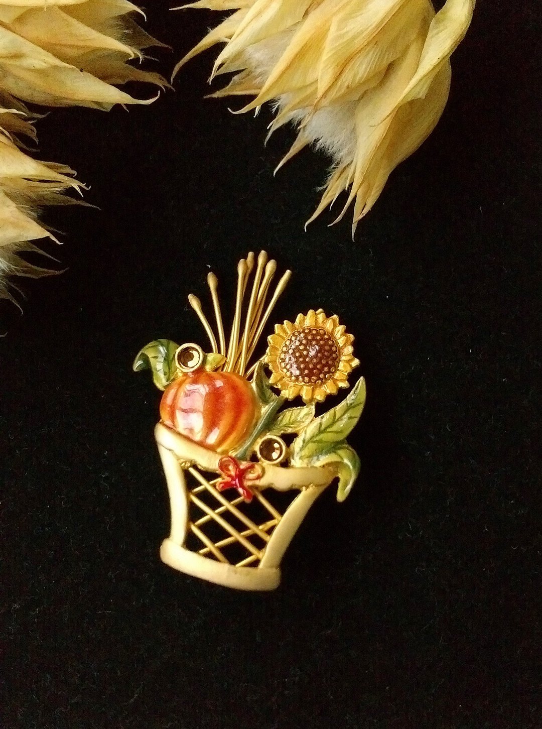 西洋古董饰品。向日葵 珐琅 乡村盆景 别针 - 徽章/别针 - 其他金属 金色