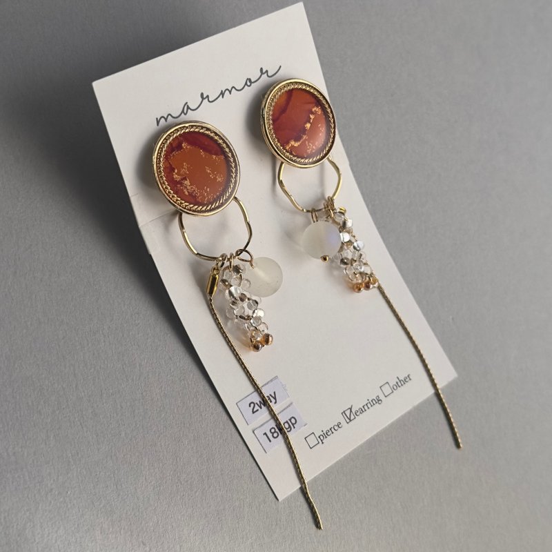 【现货1件】2way 橘色 酒精墨水艺术 耳环 18kgp 长款 金色 独特设计 独一无二 金属过敏友善 简约 - 耳环/耳夹 - 树脂 橘色