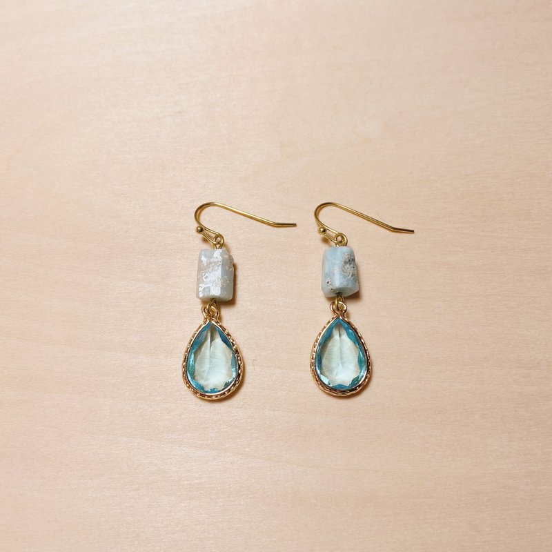 复古拉利玛海纹石天蓝水滴耳环 - 耳环/耳夹 - 水晶 蓝色