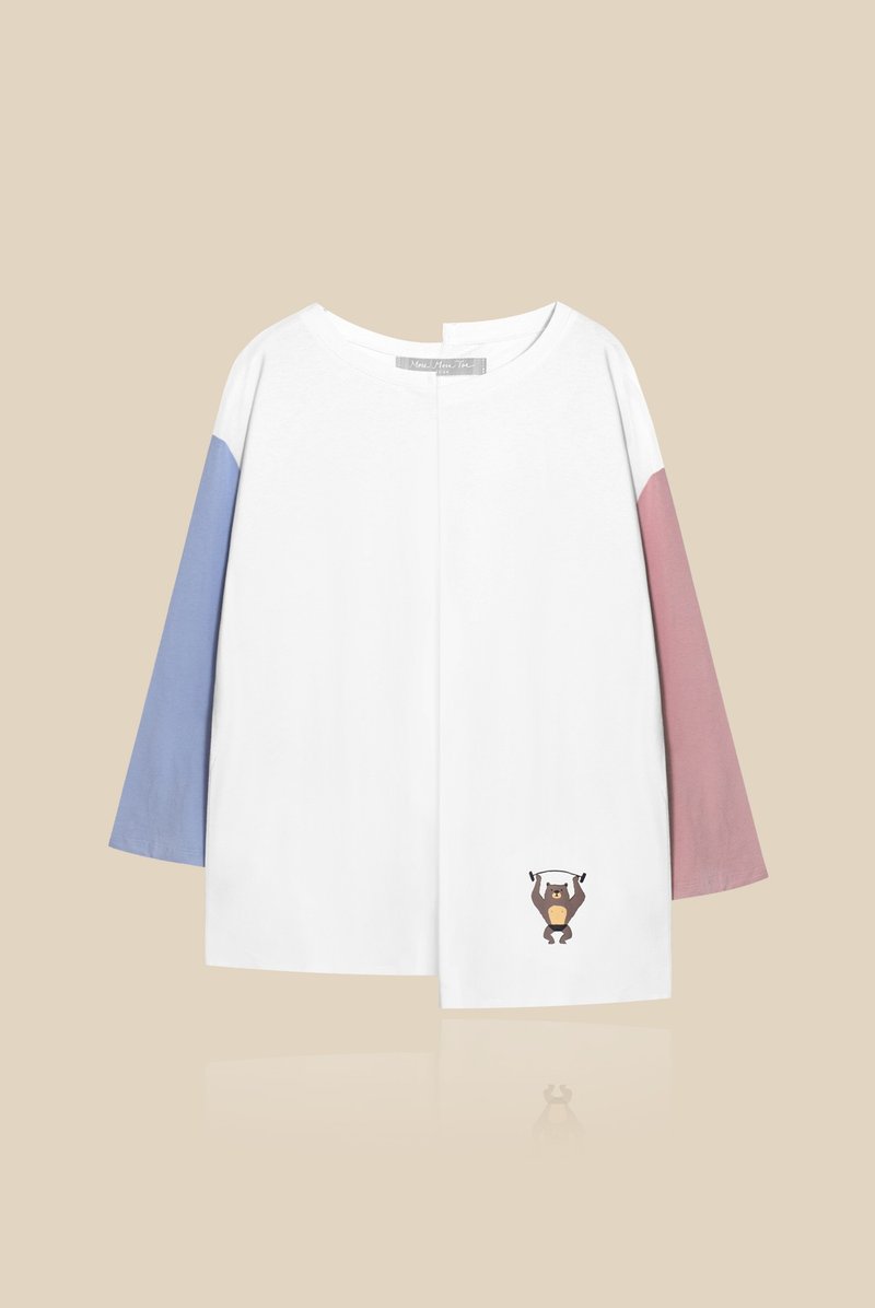 【独家限量】爱的力量－巧克力大熊桑不对称撞色袖子T - 女装 T 恤 - 棉．麻 白色