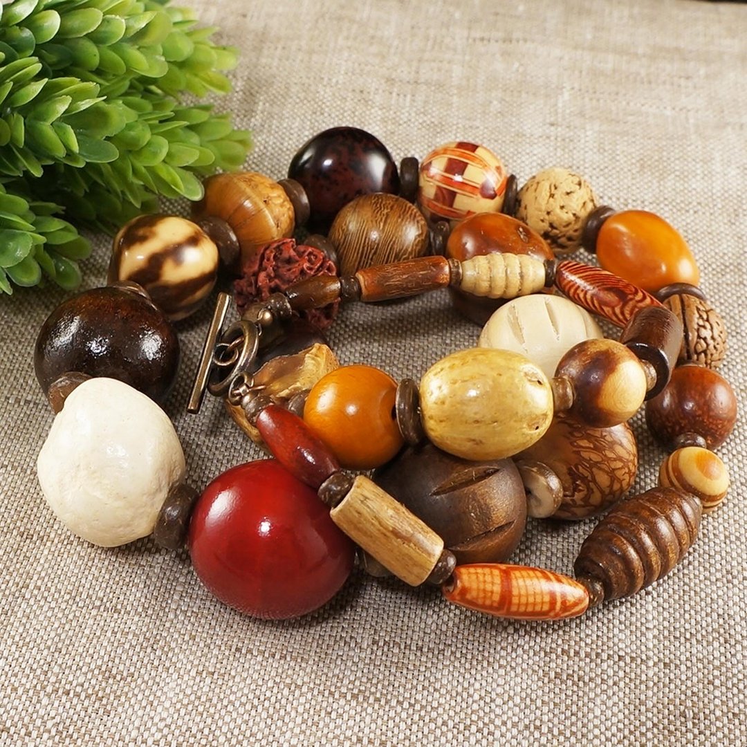 Wooden Beaded Necklace Brown Beige Red Wood Seed Nut Large Bead Necklace Jewelry - 项链 - 木头 咖啡色