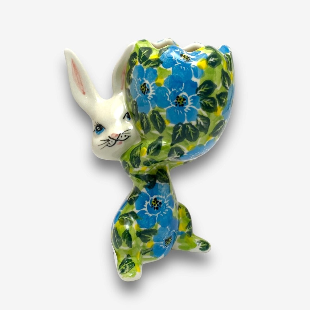 波兰手绘手工陶-兔子摆饰 花器 11cm 富贵蓝系列 设计师款 - 花瓶/陶器 - 陶 绿色
