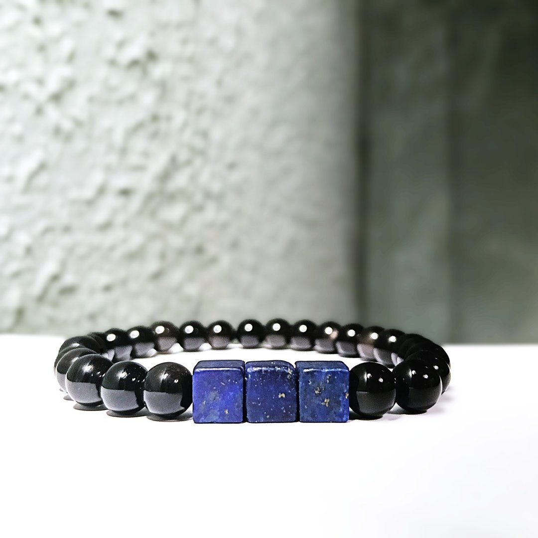 【手串】【黑碧玺 加色青金石 中性风】-M0004- - 手链/手环 - 半宝石 蓝色