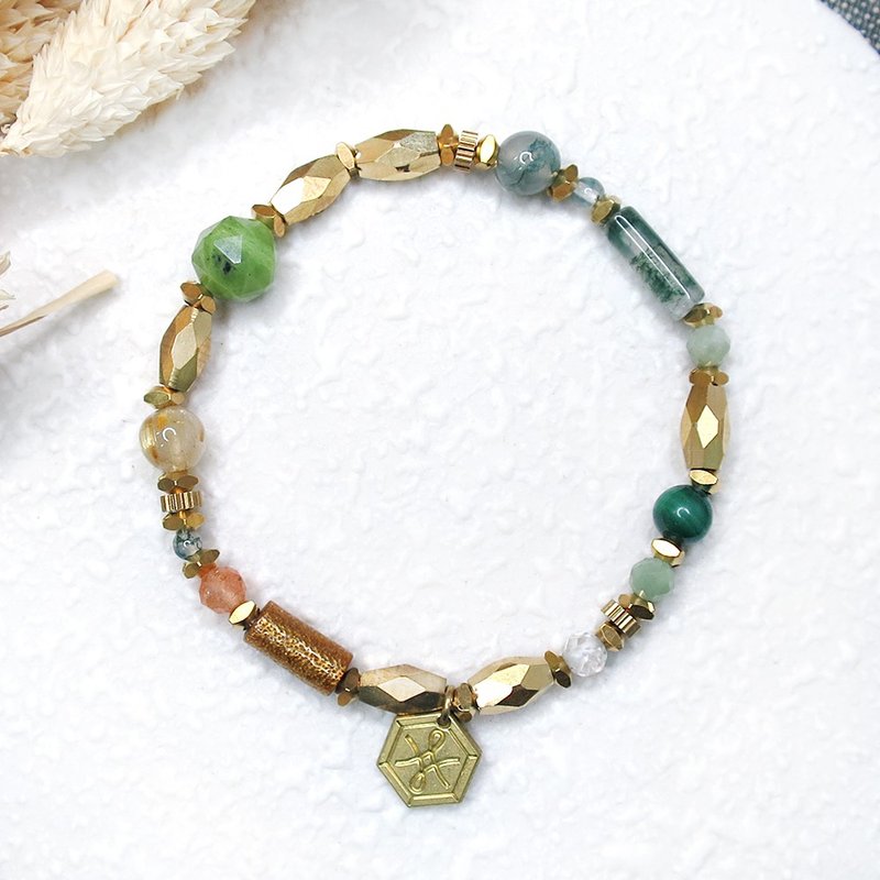 VIIART。 多宝盒-夕山。半宝石黄铜手环|天然翡翠玛瑙太阳金发晶 - 手链/手环 - 其他金属 绿色