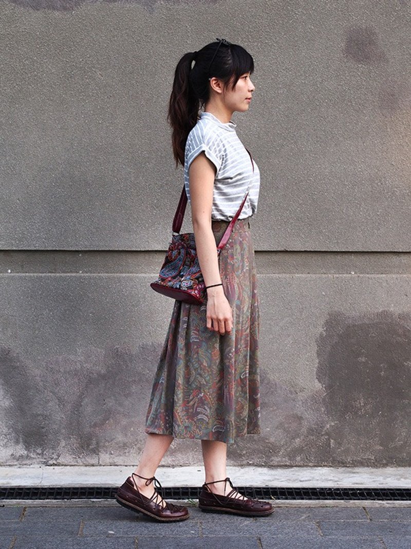 小牛村 Calf Village 古着 vintage 日本复古 百搭长裙 超美植物图腾 {雾气森林} 青灰绿【V-01】 - 裙子 - 棉．麻 绿色